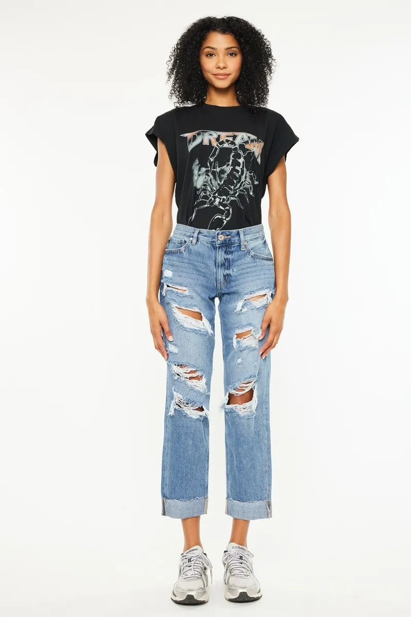 Mid Rise Distressed Boyfriend Fit Jeans