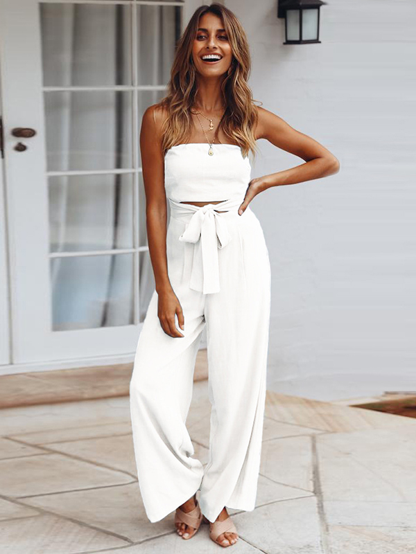 Original Cold Shoulder Tied Solid Color Straight Leg Jumpsuits