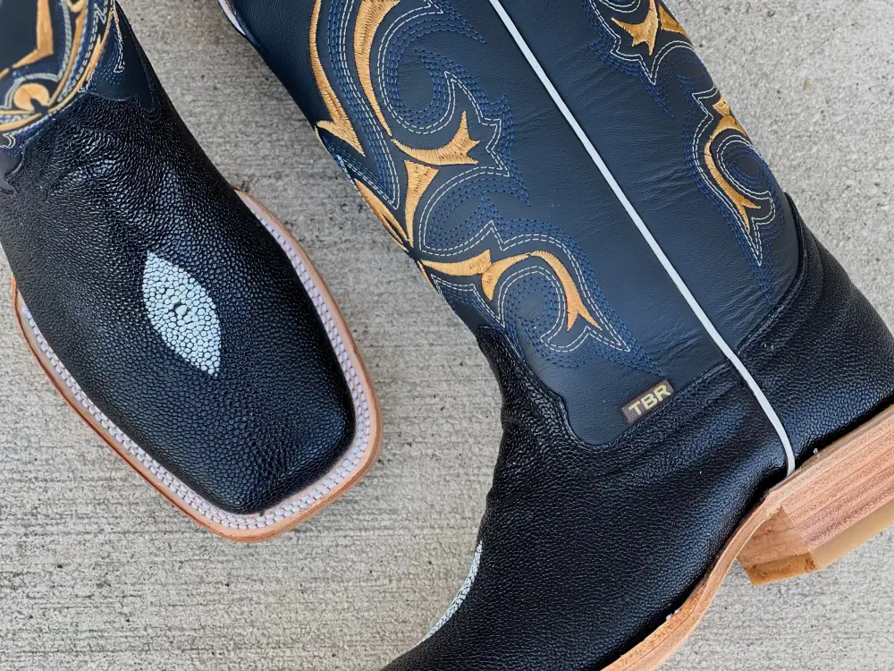 Men’s Black Stingray Leather Boots With Black Shaft/ Gold Embroidery Shaft