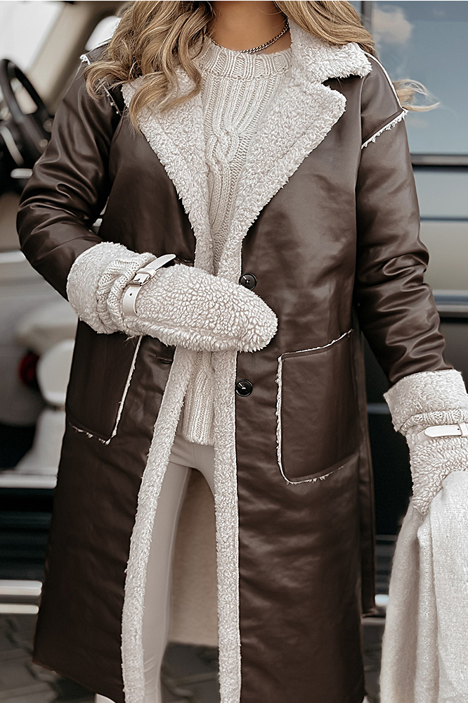 Collar lambhair spliced leather jacket