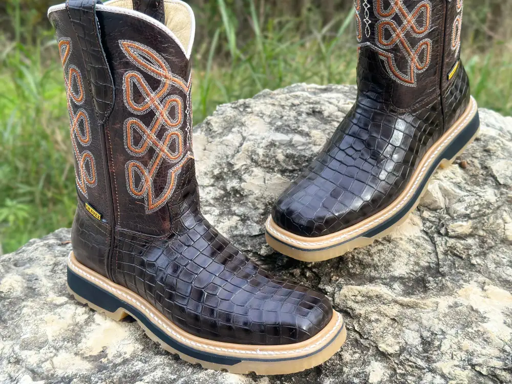Men’s Dark Brown American Alligator Leather Work Boots. No Steel Toe