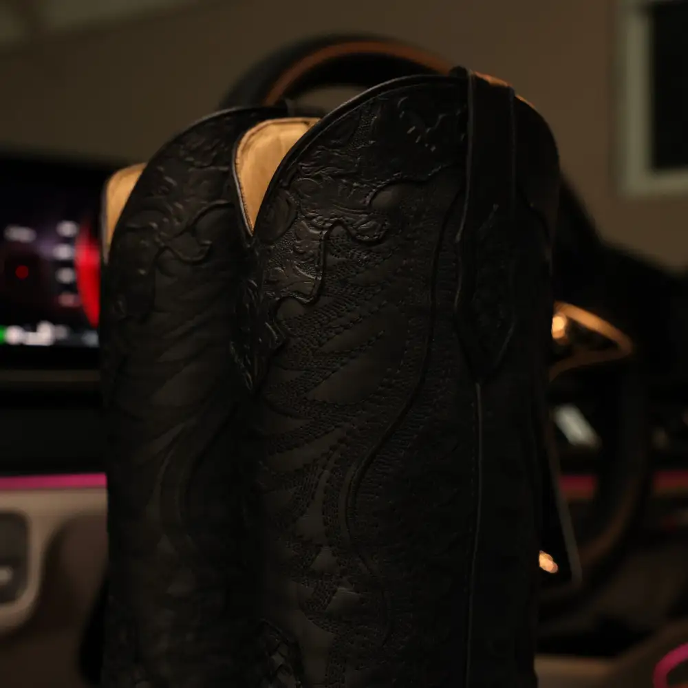 Black Basketweave Leather Boots — Square Toe