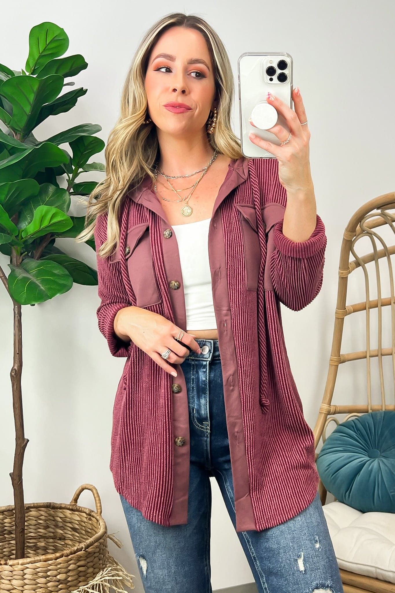 Saturday Satisfaction Ribbed Hooded Shacket