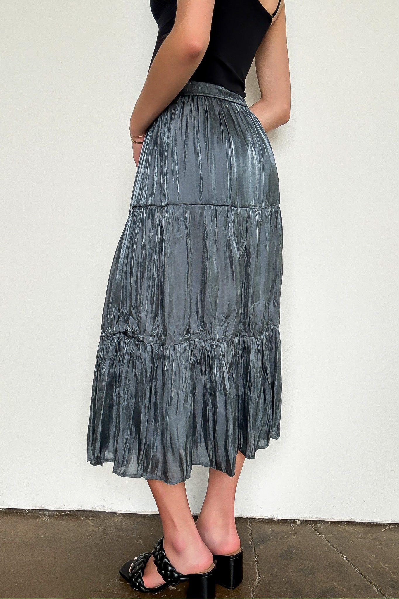 Captivating Delight Tiered Crinkle Shimmer Satin Skirt