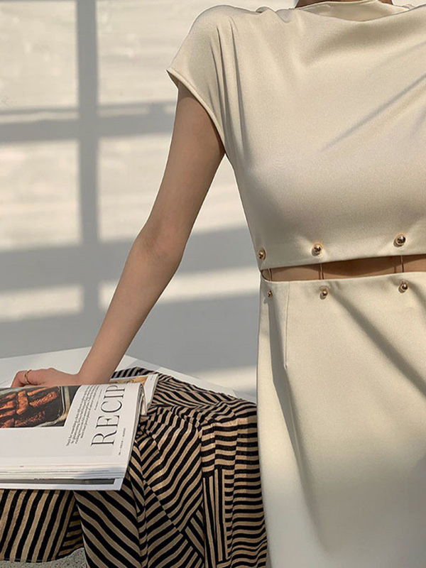 Detachable Hollow Split-Joint A-Line High Waisted Mock Neck Midi Dresses