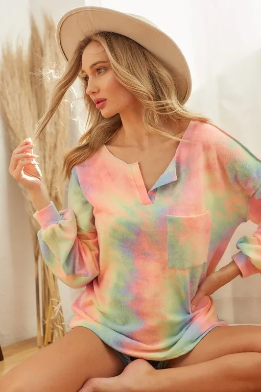Brushed Tie Dye French Terry Top with Bubble Sleeves