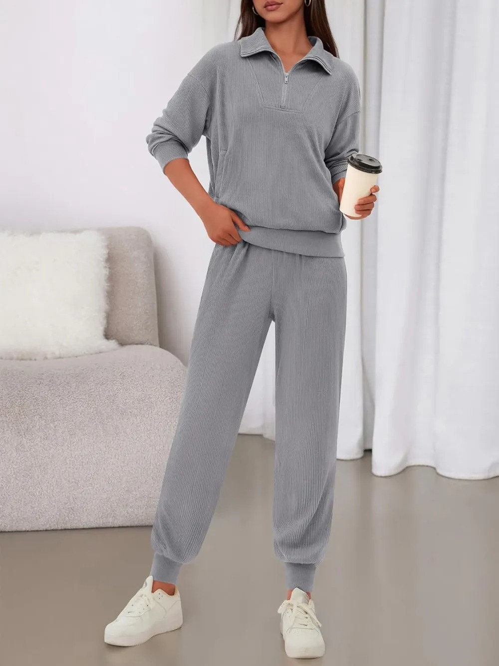Women's Long Sleeve Half Zip Sweatshirt Sweatpants Lounge Set Sweatsuits with Pockets