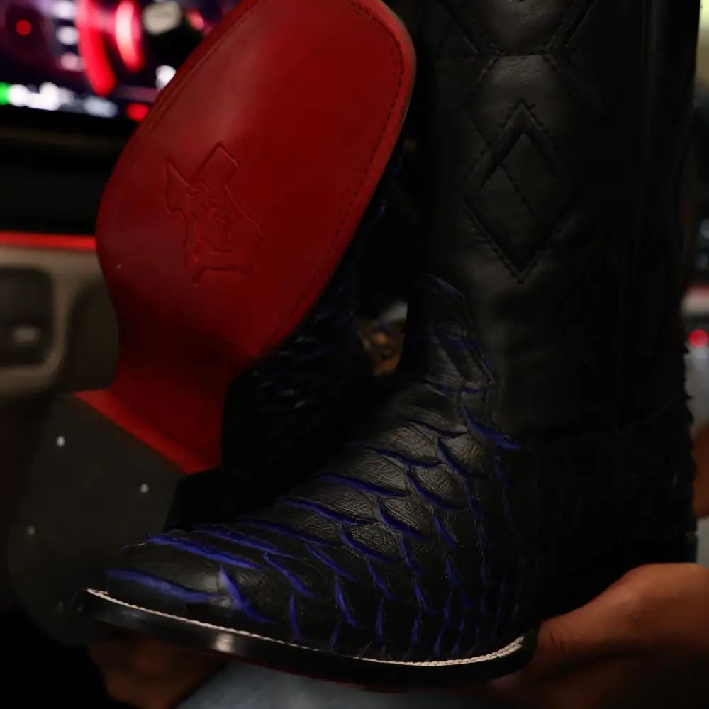 Black & Indigo Jumbo Python Leather Boots - Square Toe