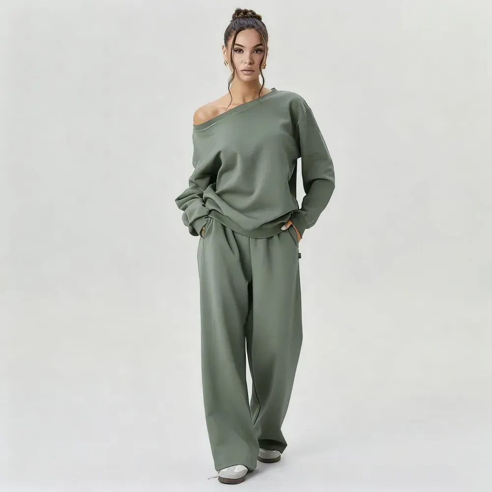 Women’s Sloping Shoulder Top & Wide Leg Pants Set