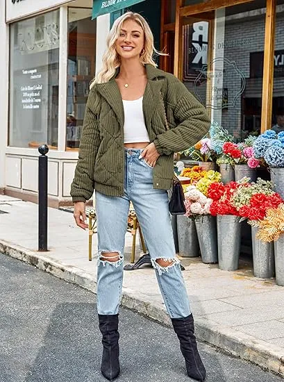 Women's Bomber Jacket Corduroy Ribbed Quilted Zip Up Long Sleeve Winter Coat Fall Outerwear Tops with Pockets