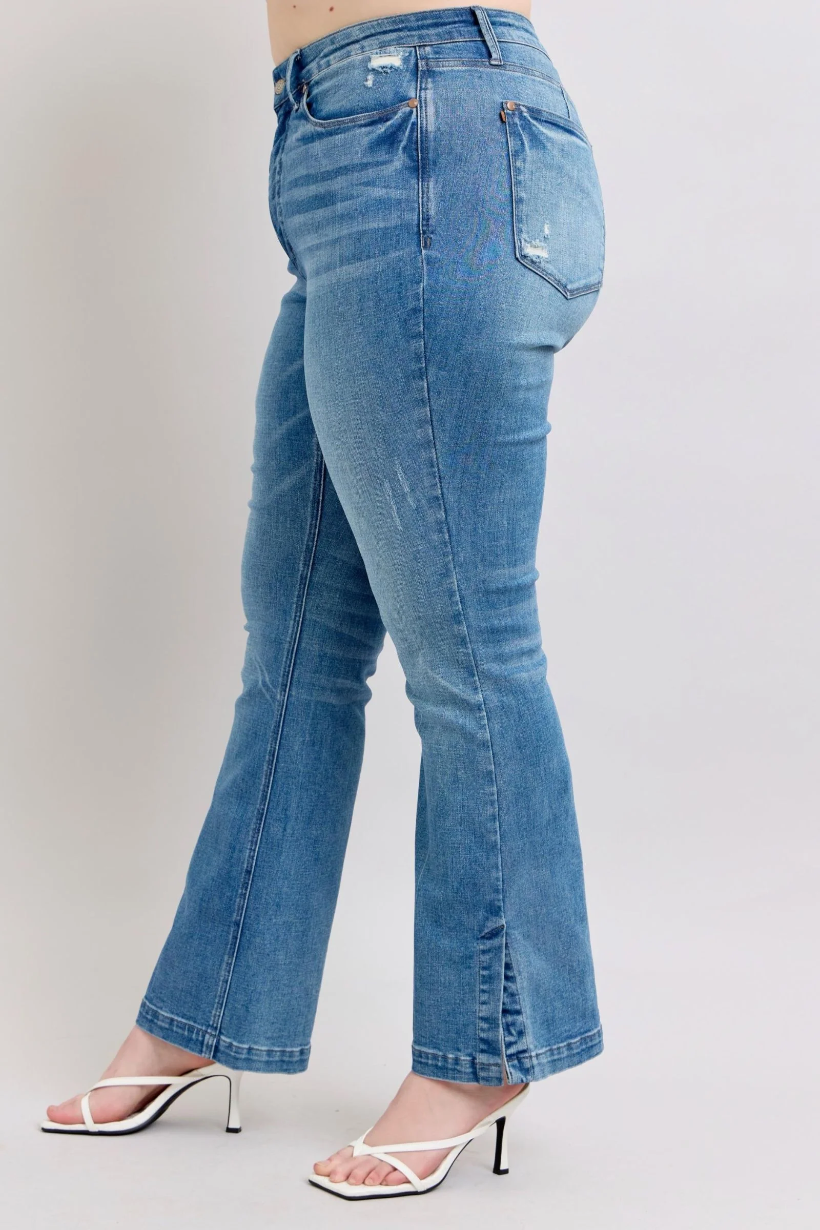 Blue Full Size High Waist Tummy Control Vintage Wash Side Slit Slim Boot Jeans