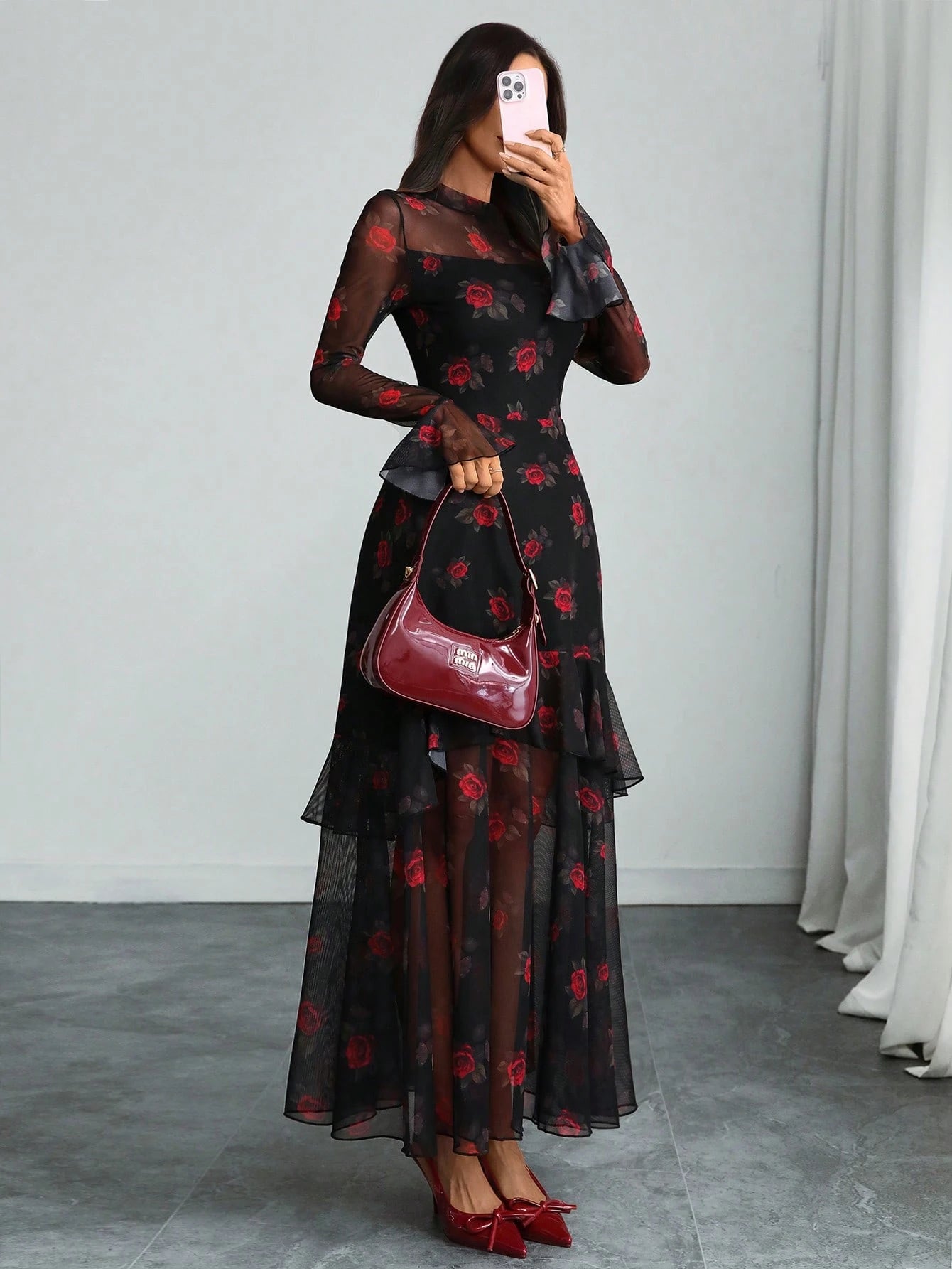 Women's Gothic Elegant Sexy Mesh Splicing Colorful Print Retro Petal Sleeves Ruffle Mermaid Hem Double Layer Dress