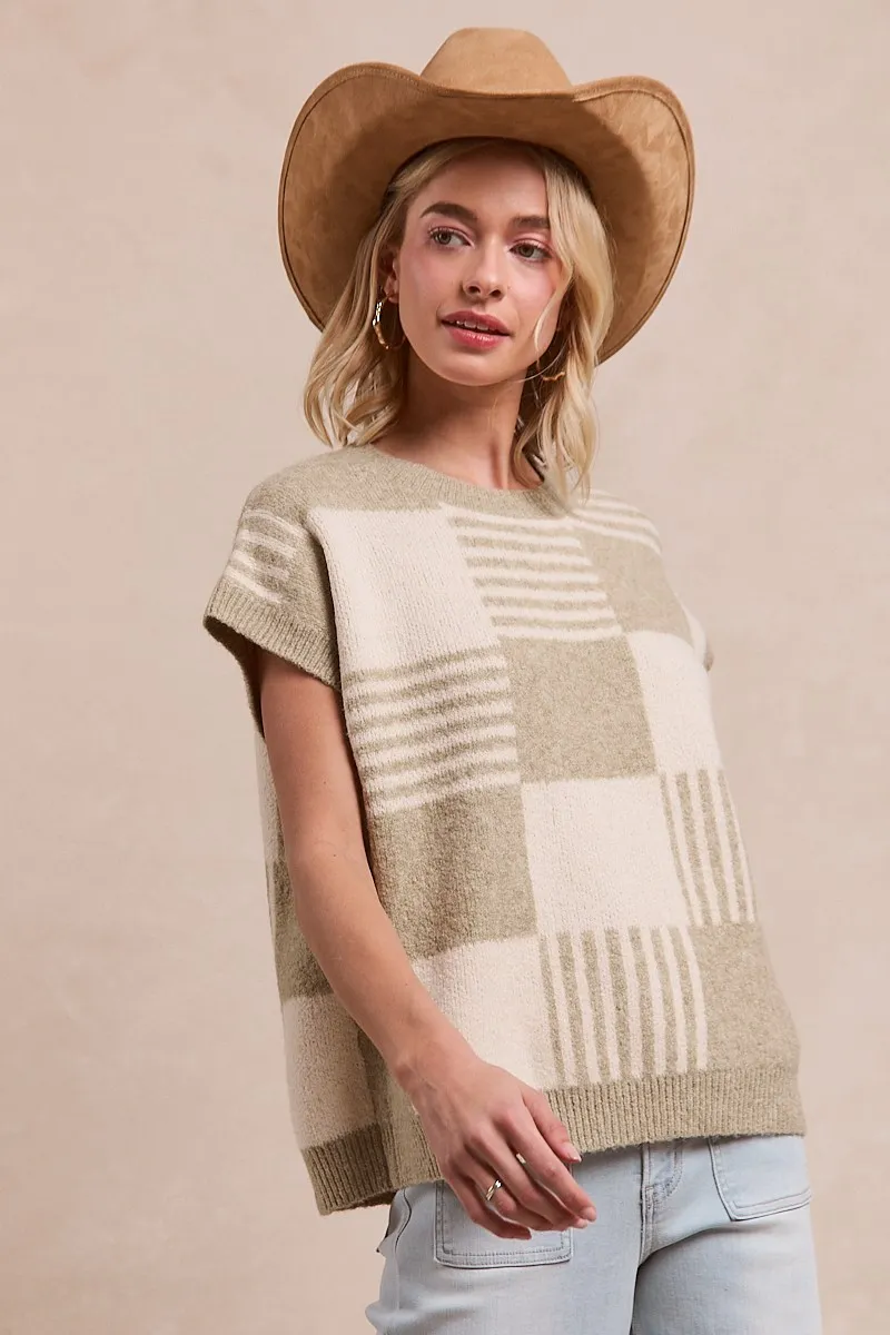 Checker With Stripes Pattern Sleeveless Sweater