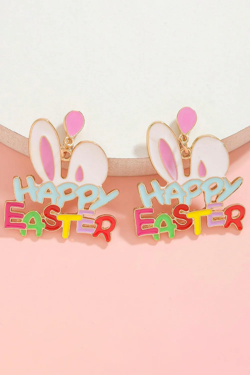 Pink Happy Easter Bunny Ear Pattern Stud Dangle Earrings