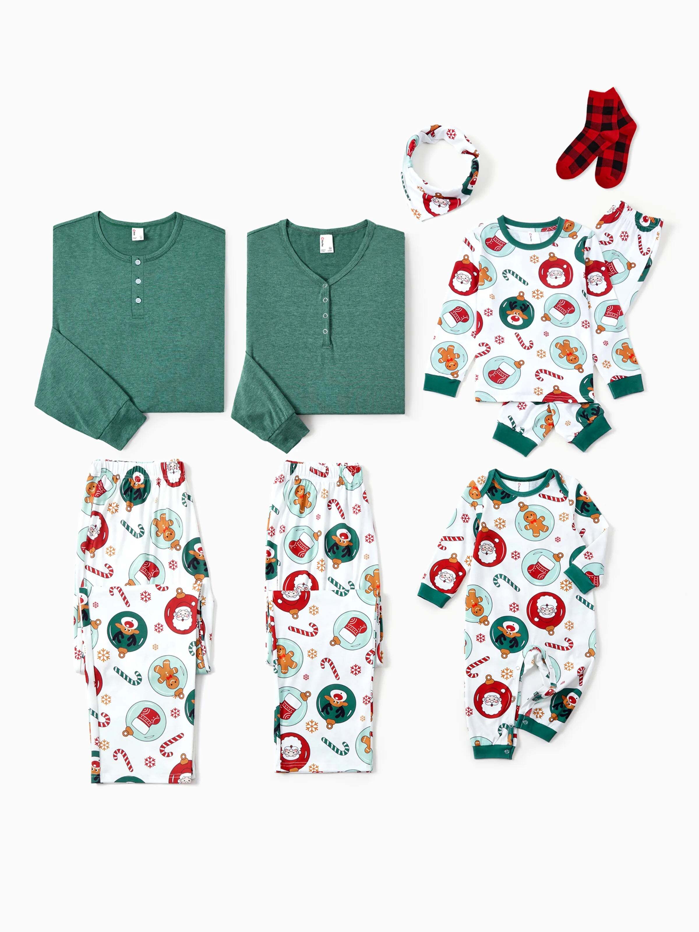 Christmas Matching Family Pajamas Set Reindeer and Santa Claus PJS with Christmas Socks Green