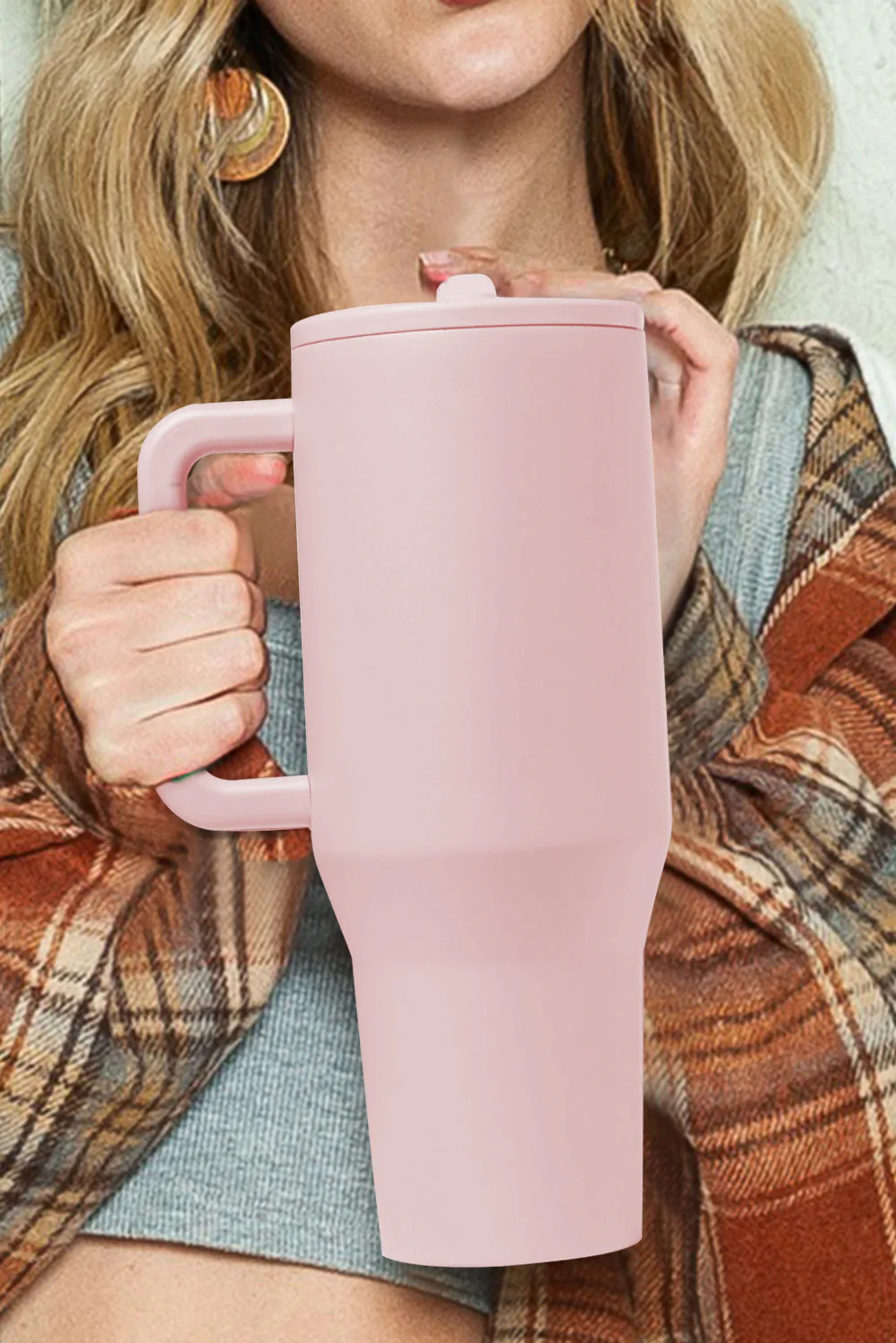 Light Pink Frosted Stainless Handle Large Vacuum Cup with Straw 40oz