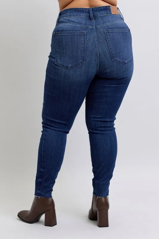 Blue Full Size Mid Rise Skinny Jeans with Raw Hem Plus Size