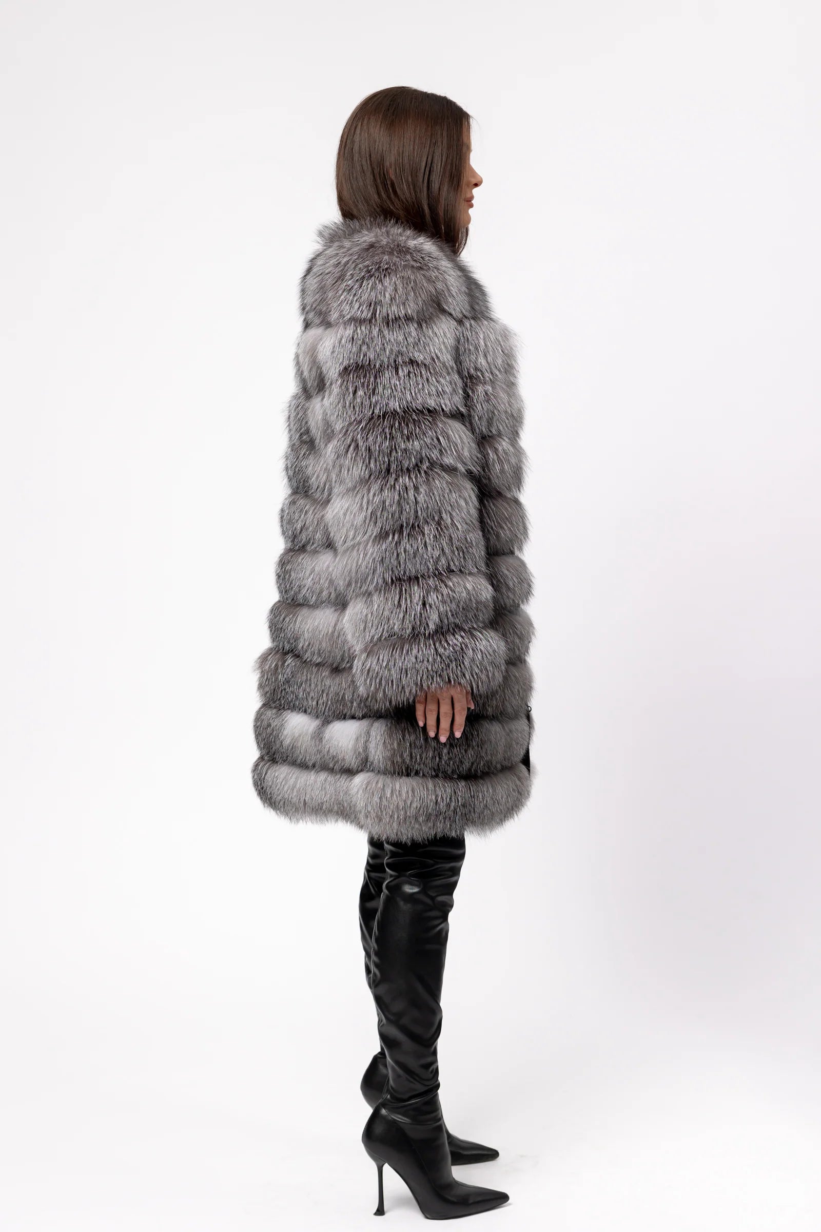 Haină din Blană Naturală de Vulpe, Femei, Transformabilă 6 în 1, Silver Grey 257