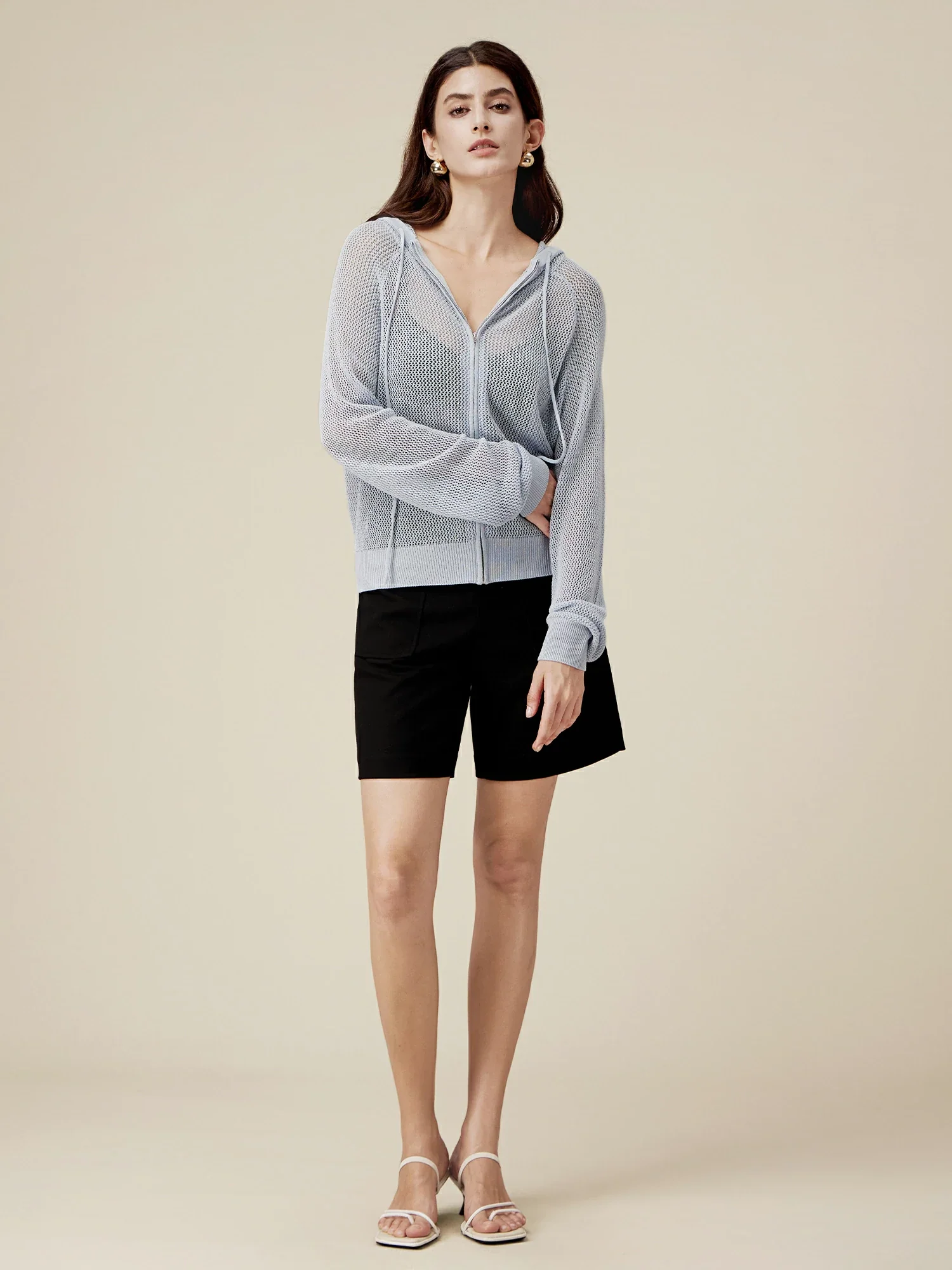 Linen & Lyocell Hooded Hollow Out Cardigan