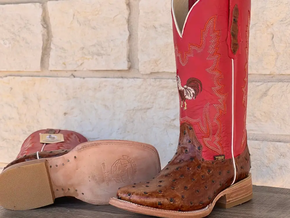 Men’s Cognac Ostrich Leather Boots With Red / Rooster Shaft
