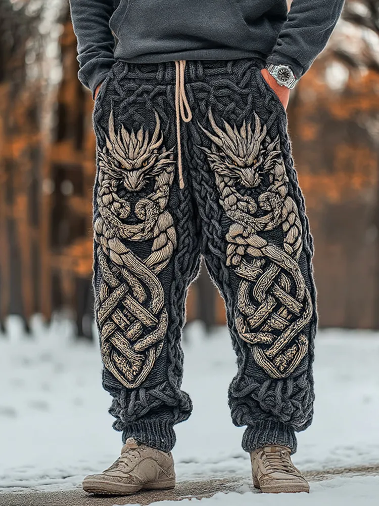 Men's Viking Celtic Knot Dragon Art Wide Leg Warm Knit Pants