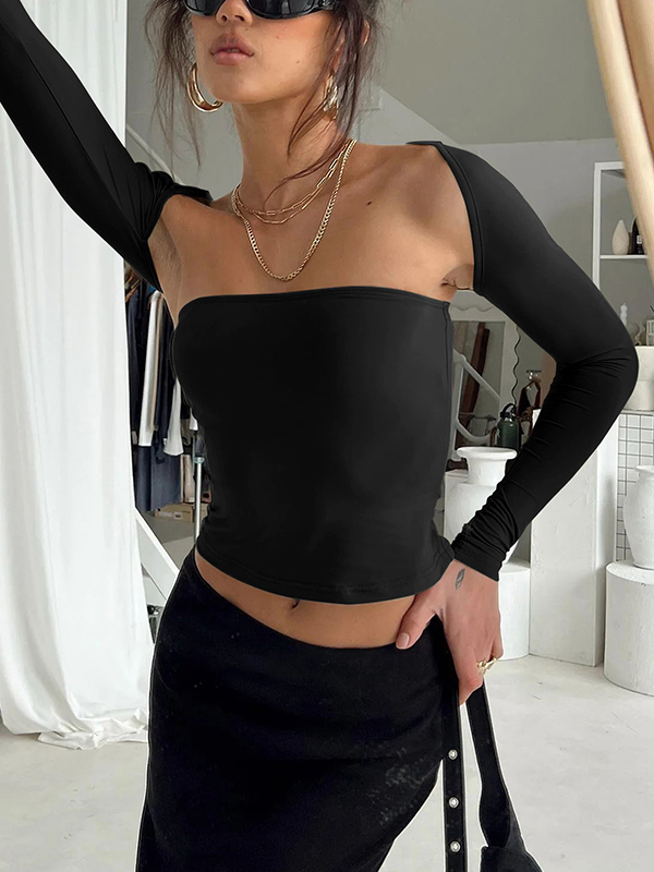 Solid Color Long Sleeves Skinny Collarless T-Shirts Tops