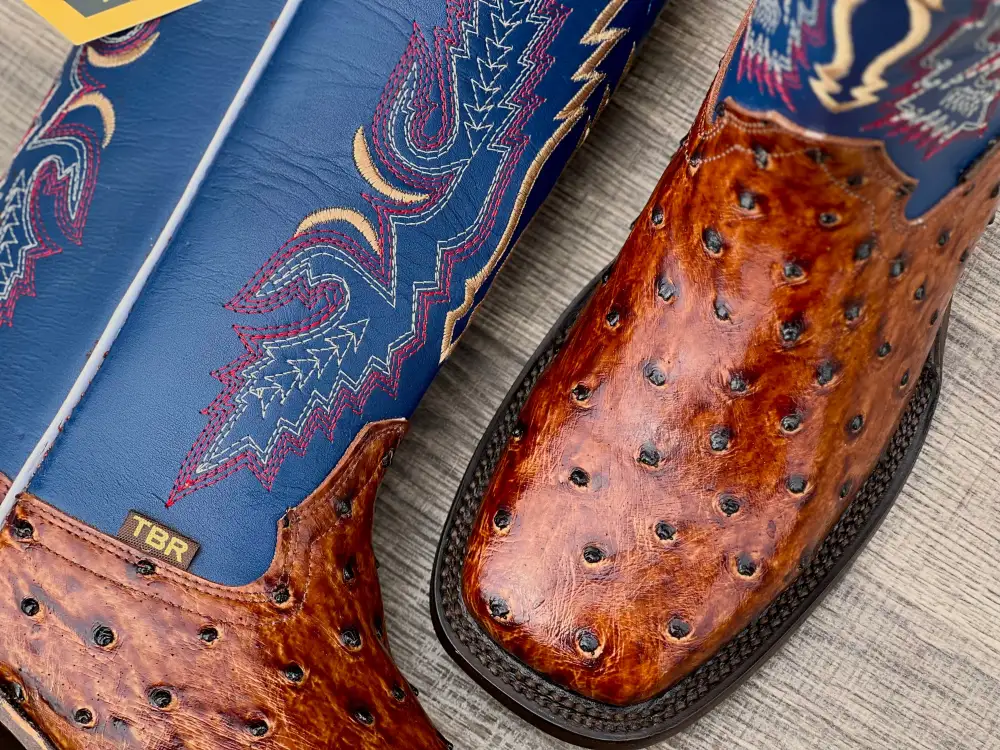 Men’s Cognac Ostrich Leather Boots With Blue Shaft