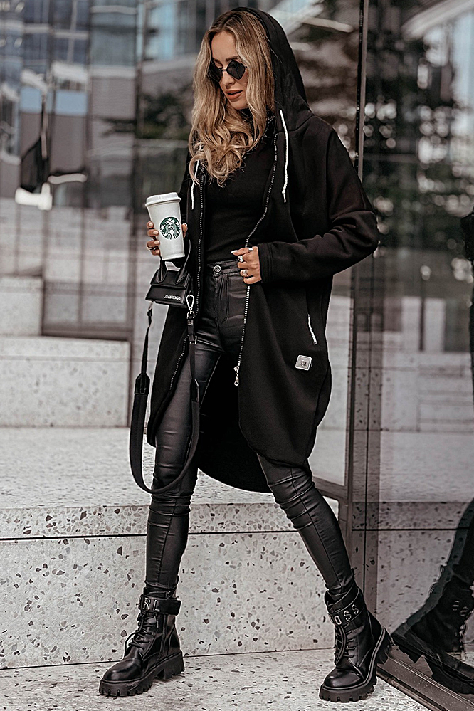 Zipper hooded casual mid length jacket