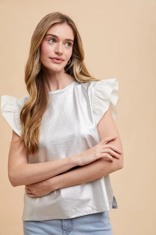 Wear Mix Media Metallic Knit Ruffle Sleeve Top