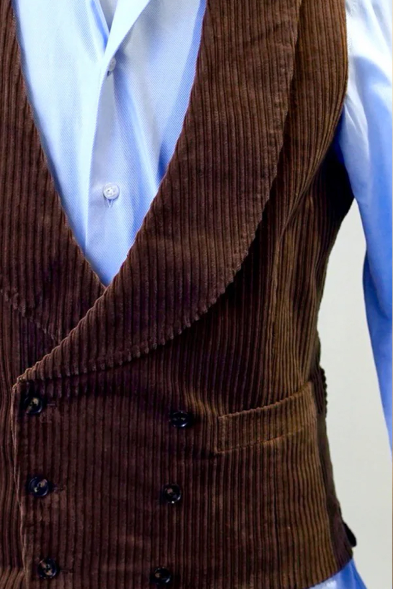 Men's Brown Corduroy British Vintage Double-Breasted Suit Vest