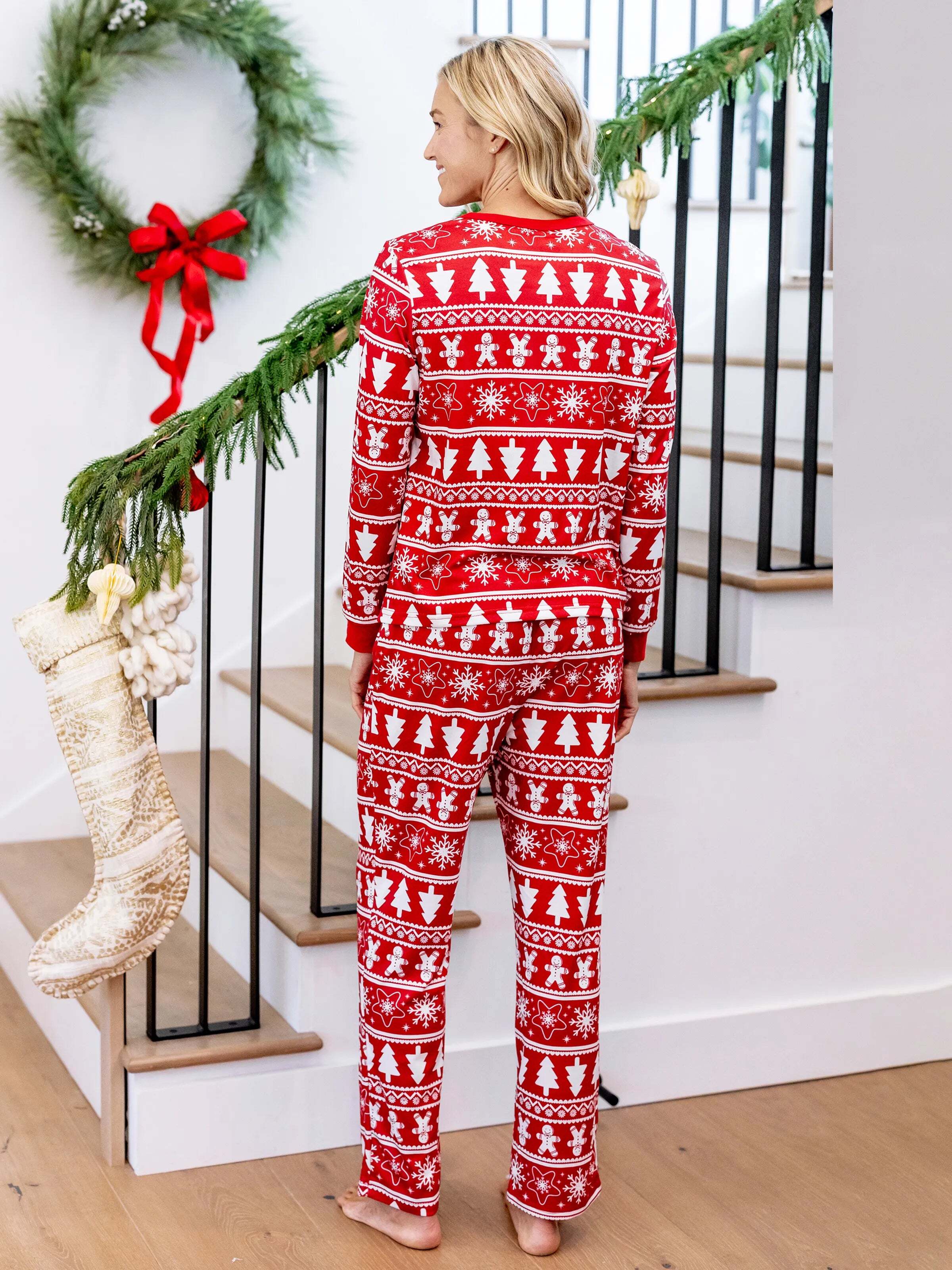 Christmas Matching Family Pajamas Set Gingerbread and Christmas Tree Print Red PJS with Christmas Socks Red