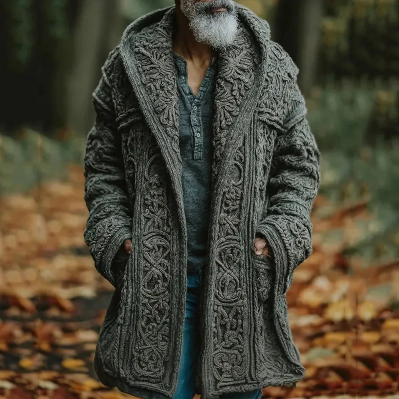 Men's Vintage Celtic Knot Jacquard Midi Hooded Sweater Cardigan