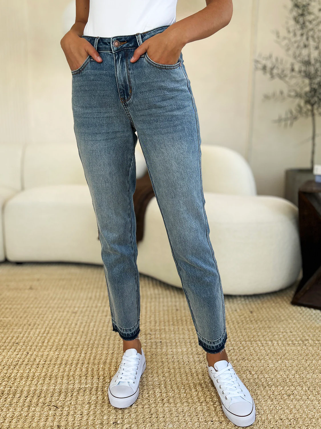 Blue Full Size Mid Rise Rigid Magic Release Hem Jeans