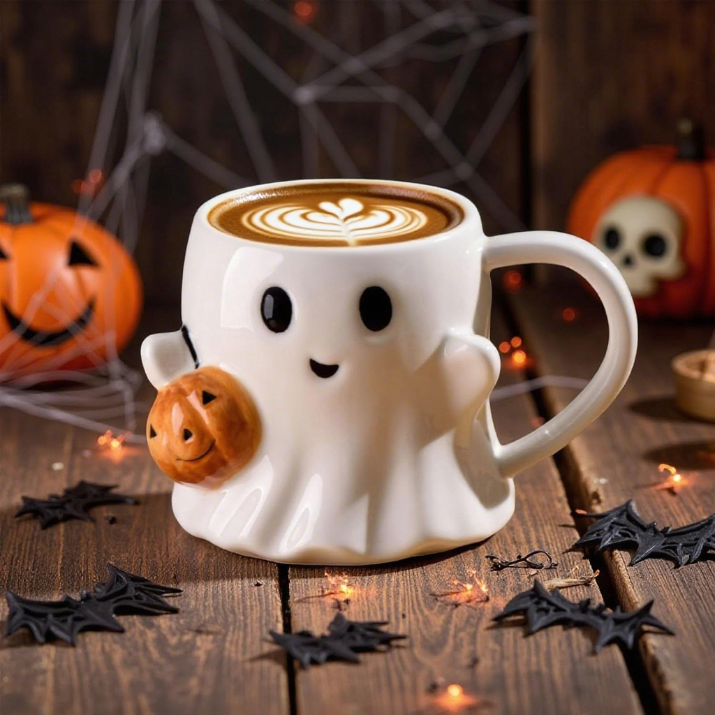 Cute Spooky Pumpkin Ghost Pattern Ceramic Coffee Cup