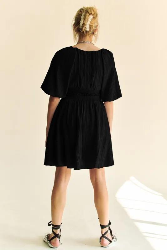 Back Button Puff Sleeve Mini Dress