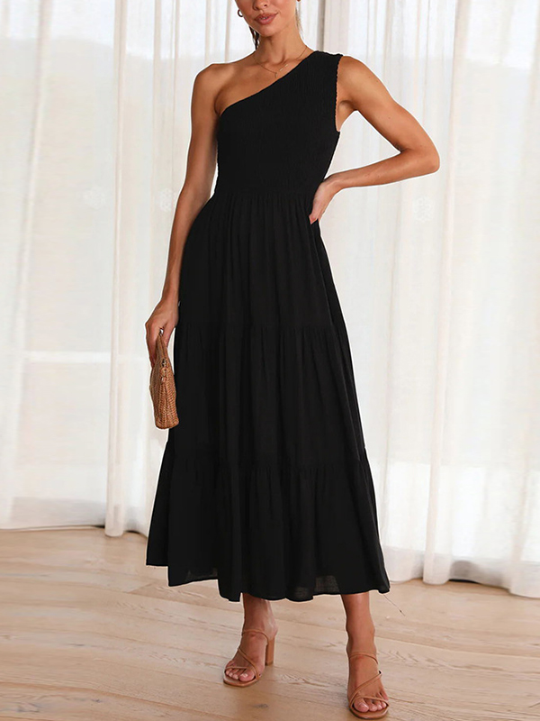 Pleated Solid Color Loose One-shoulder Midi Dresses
