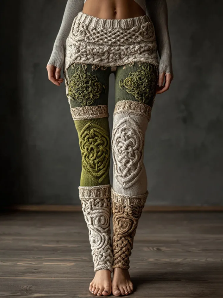 Vintage Viking Celtic Pattern Knit Art Cozy Leggings
