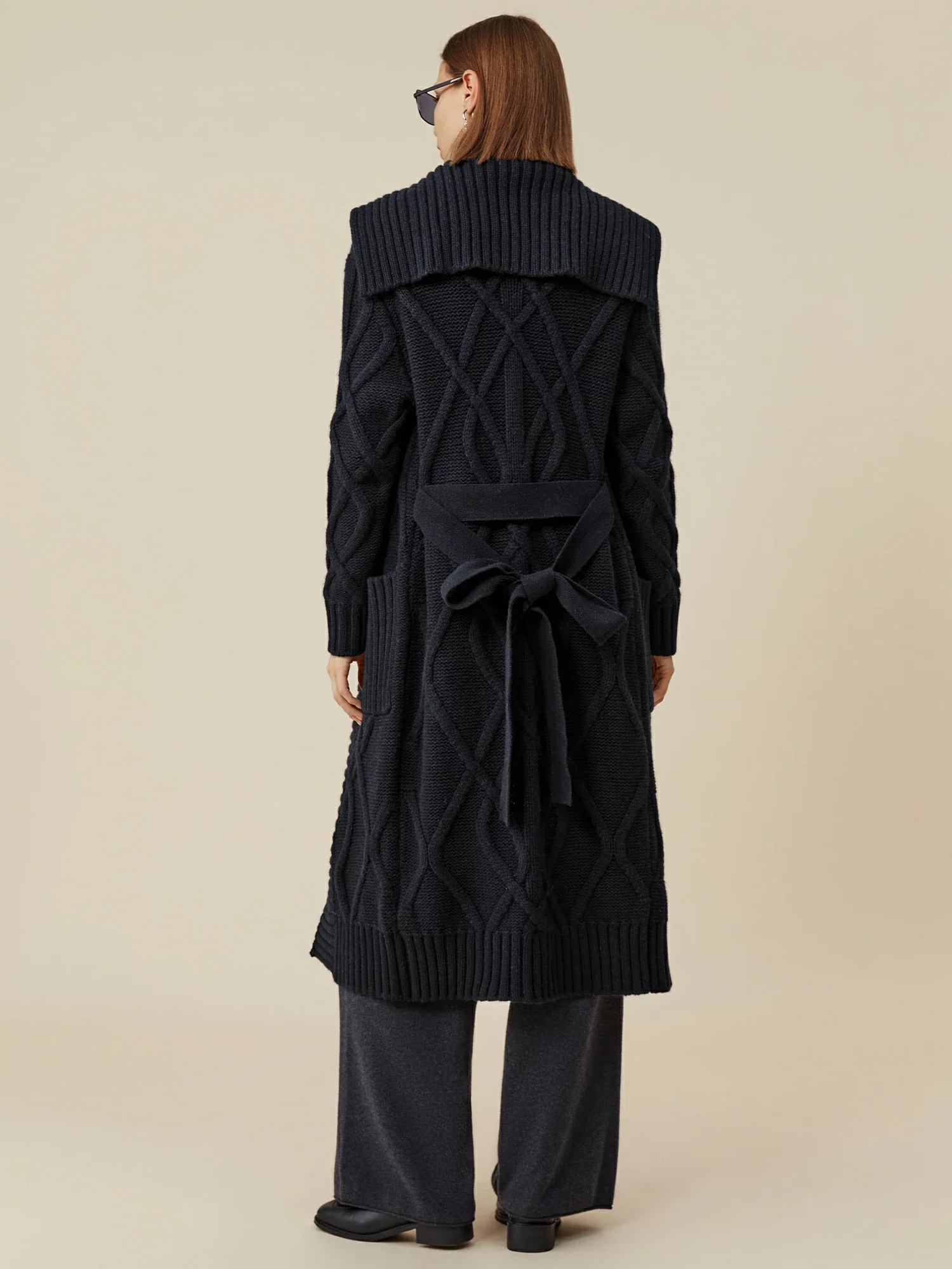 64% Wool Lapel Long Sleeve Knit Long Cardigan