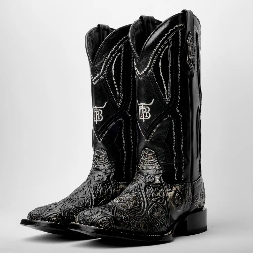 “Ace Of Spades” Grey/Black Leather Boots - Square Toe