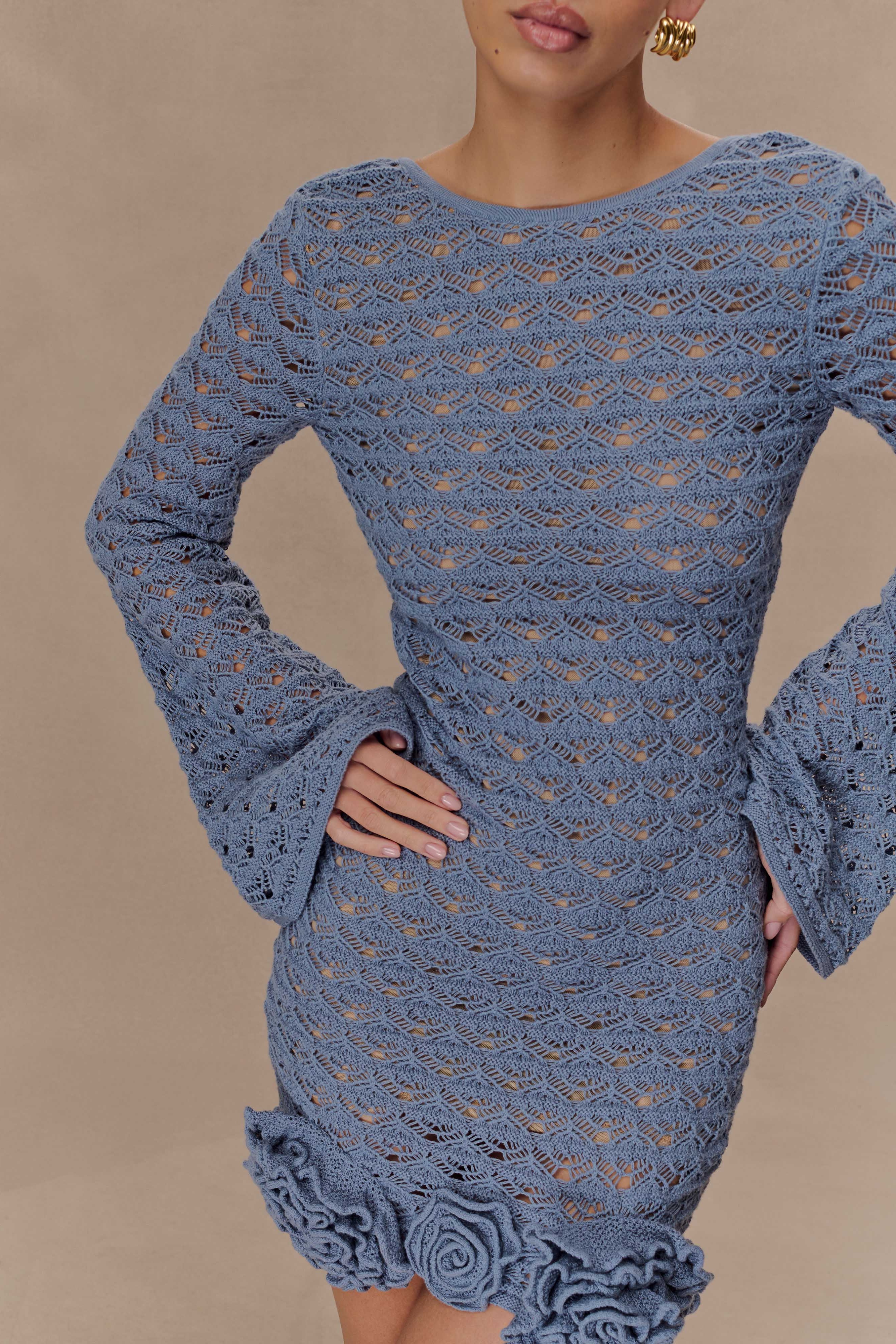 Blue Ruffle Crochet Mini Dress