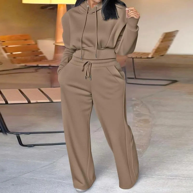 Hooded Long Sleeve Sweatshirt and Casual Wide Leg Sweatpants Set