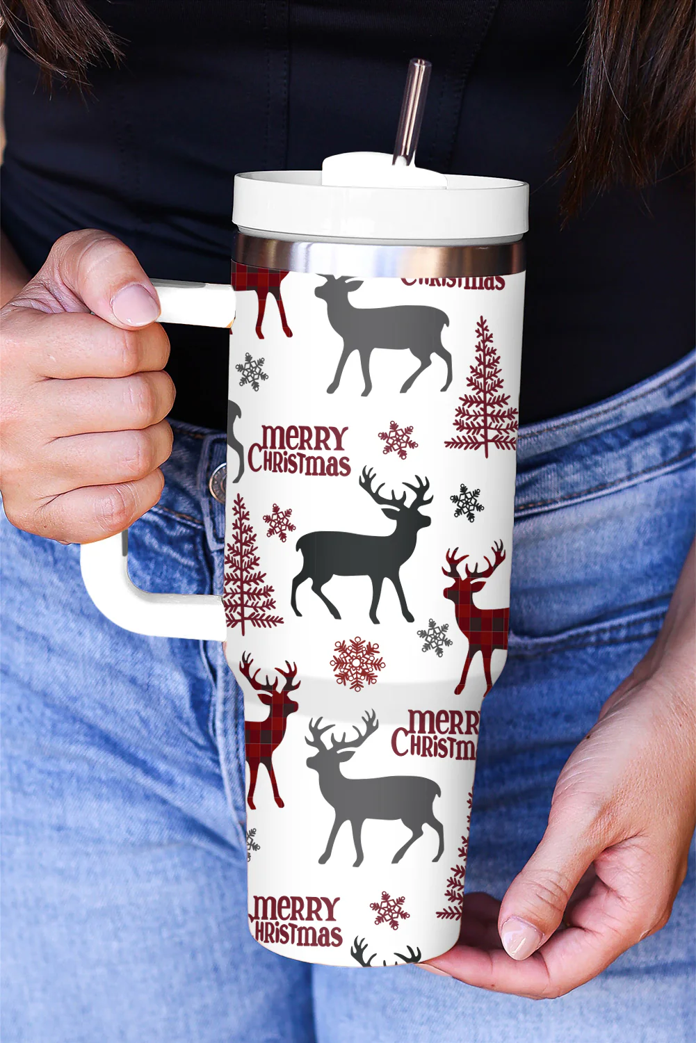 White Merry Christmas Tree Snowflake Elk Print Handle Tumbler