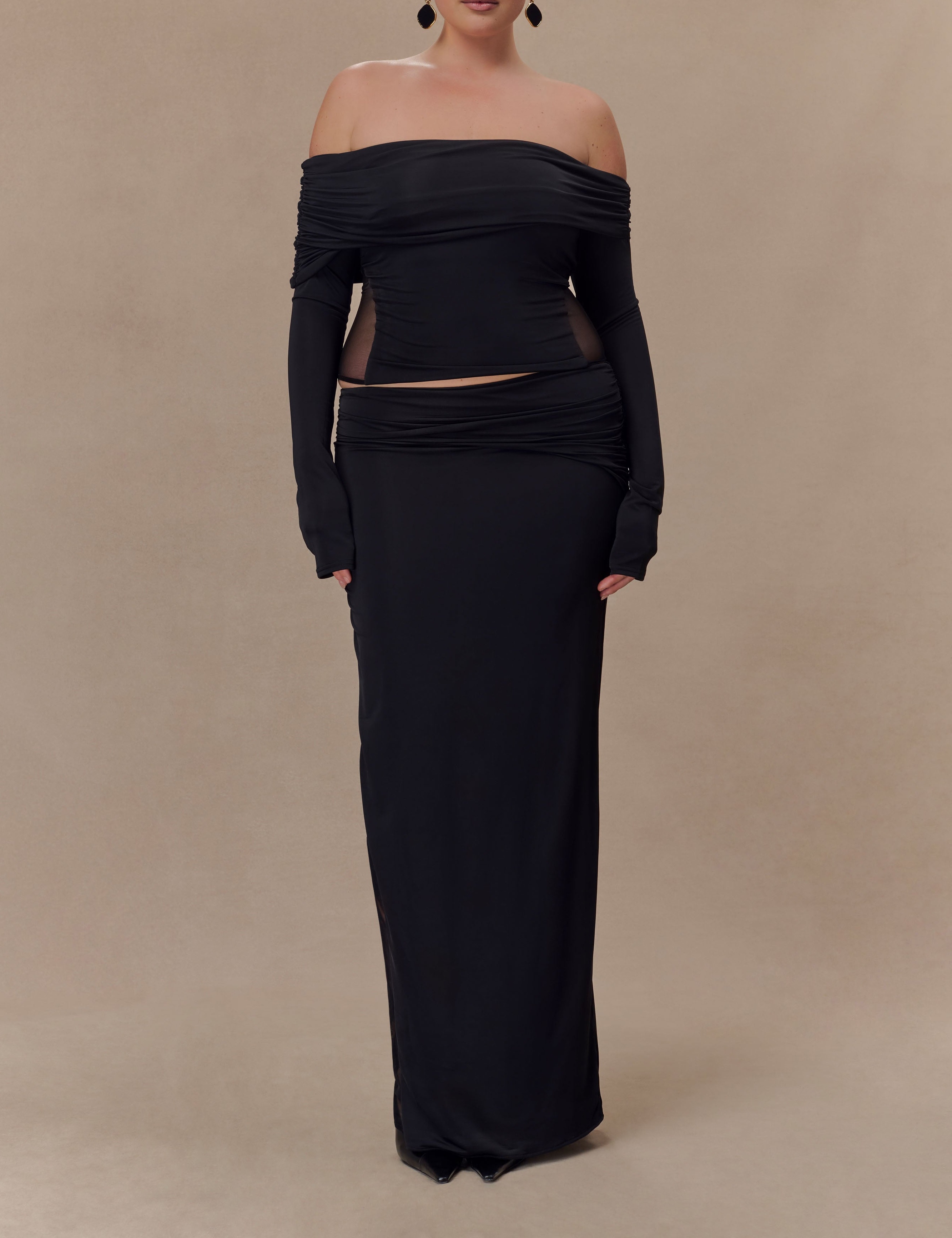 Black Slinky And Mesh Maxi Skirt