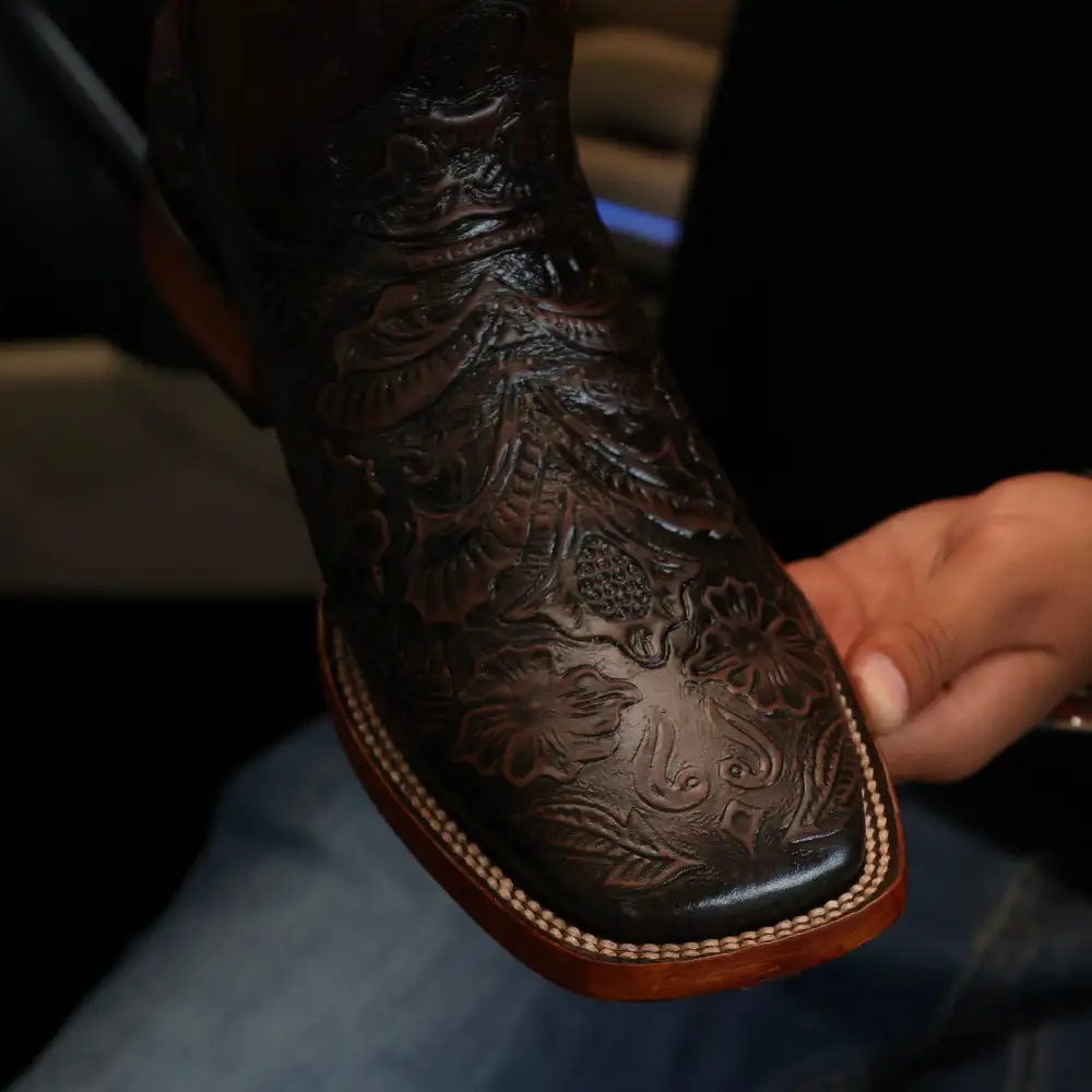 Chocolate Brown Hand-Tooled Leather Boots — Square Toe