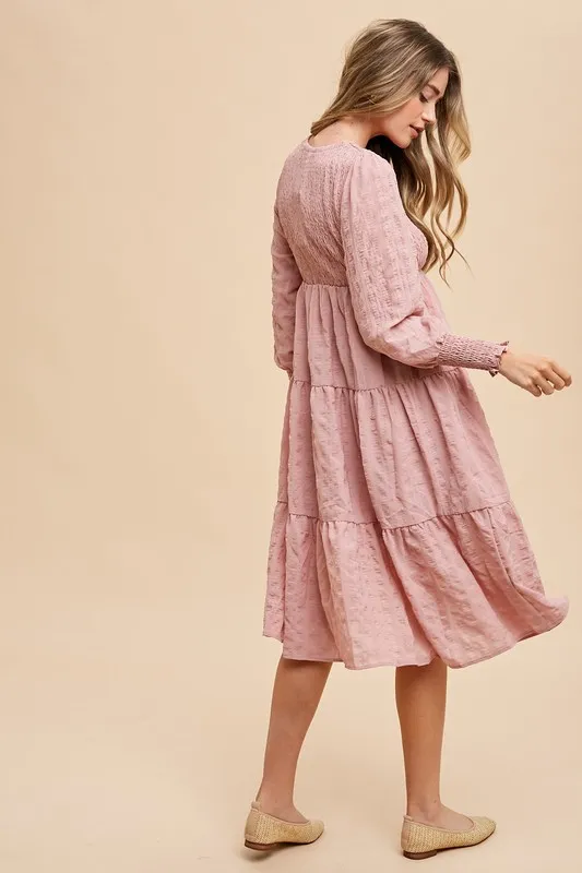 Wear Textured Smocking Bodice Tiered Midi Dress