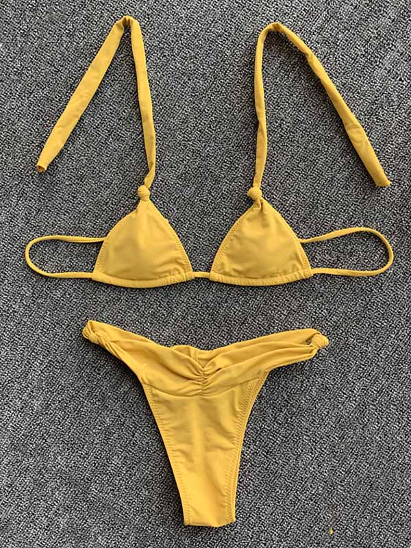 Solid Color Bandage Triangles Split Bikini Swimsuit