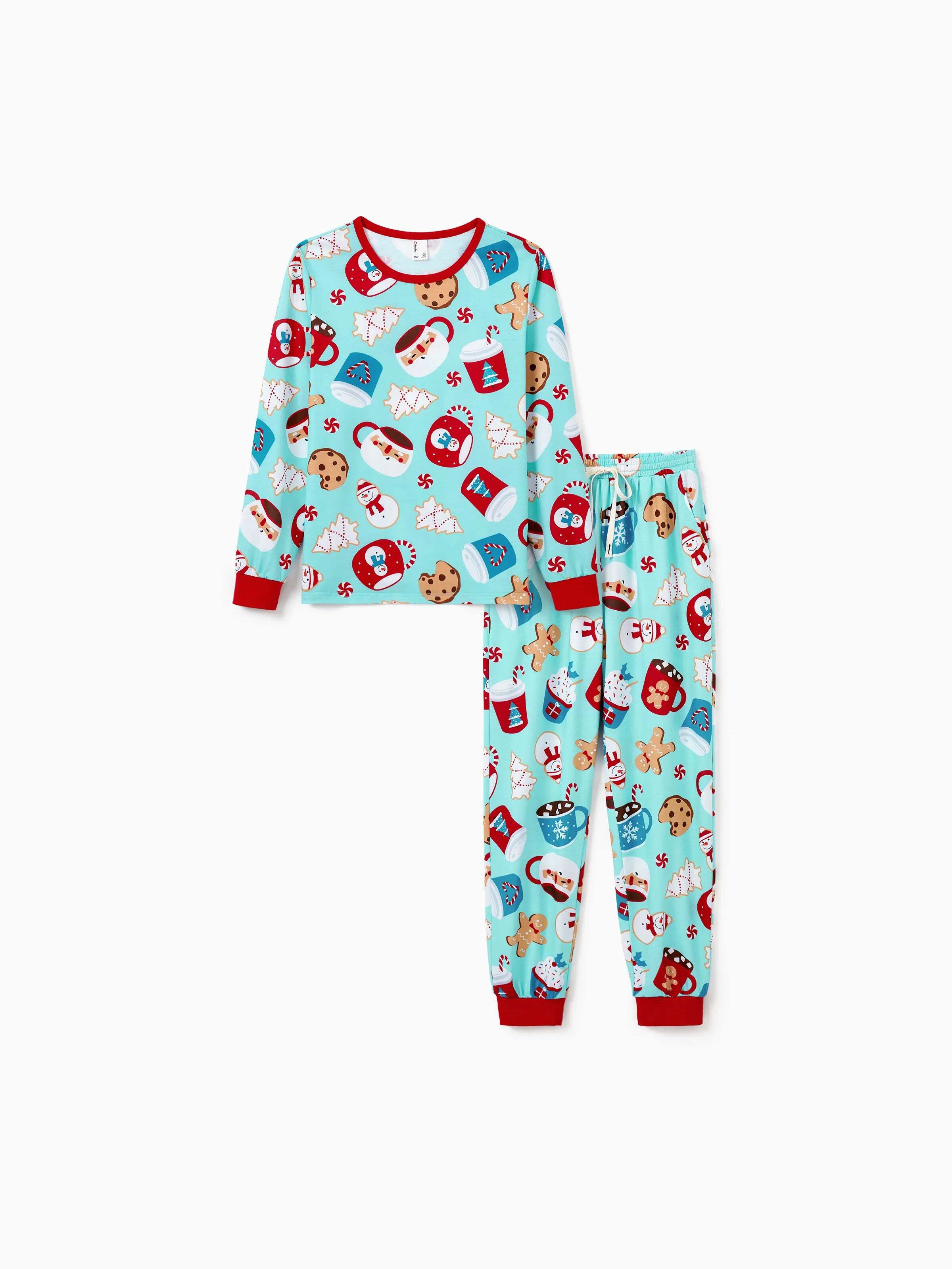 Christmas Matching Family Pajamas Set Gingerbread Print Blue and Red PJS with Christmas Socks Light Blue