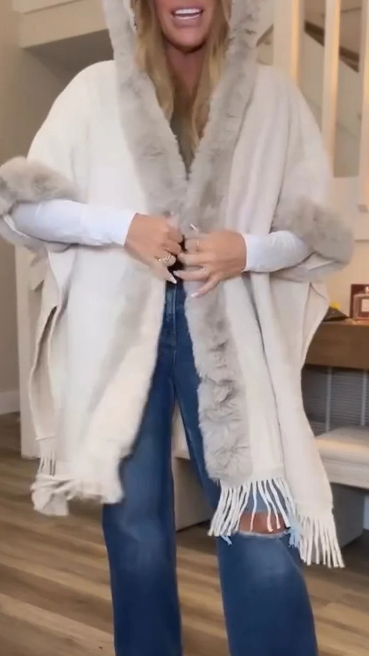 Women Fur Collar Hooded Tassel Casual Coat