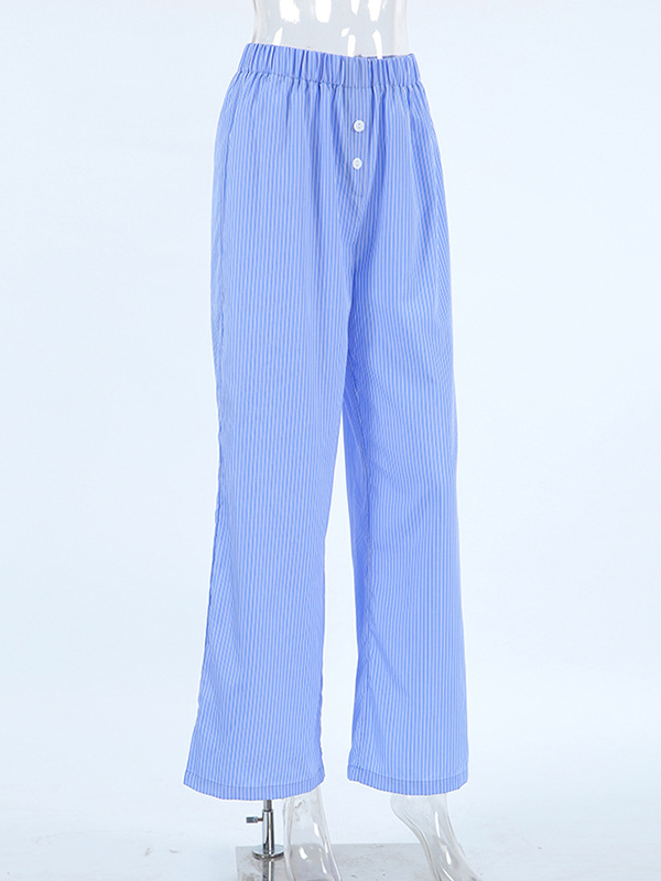 Buttoned Elasticity Split-Joint Striped Loose Wide Leg Trousers Pants
