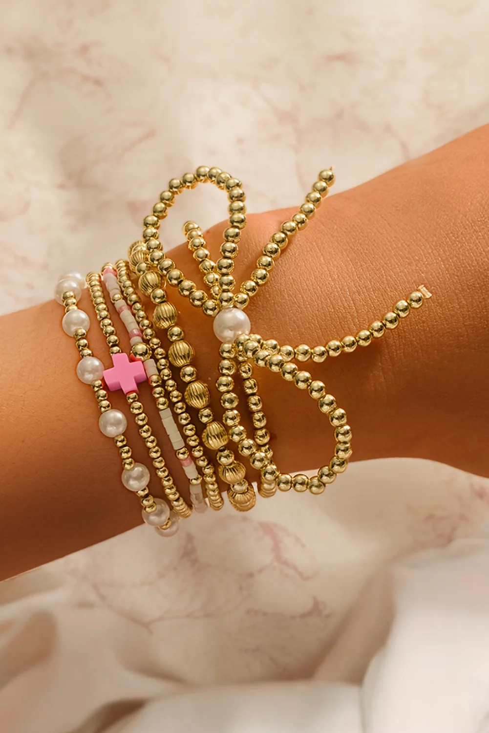 Gold Bow Knot Pearl Decor Beaded Plated Layered Bracelet